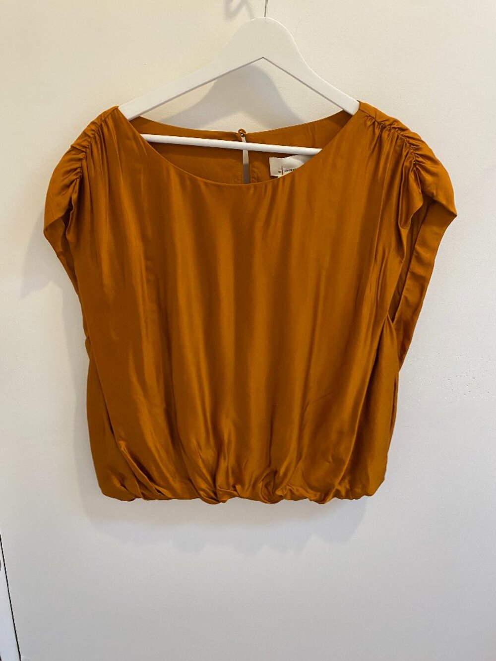Anthropologie Mustard Orange Silken Bubble Hem Cap Sleeve Blouse - M